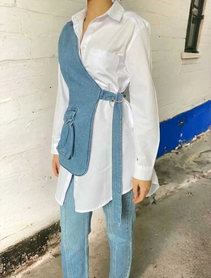 Kadın Mavi Kot Kolsuz Kemerli yelek - Görsel 2