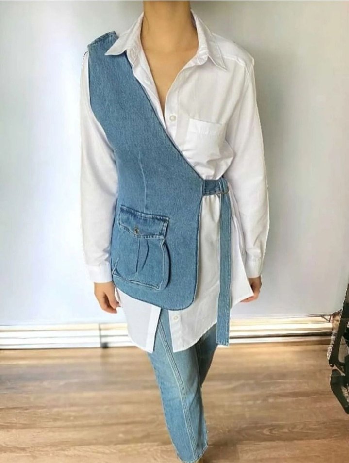 Kadın Mavi Kot Kolsuz Kemerli yelek - Görsel 3