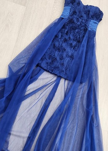 Straplez Saks mavi Nişan/Balo/Mezuniyet Abiye Elbise - Görsel 2