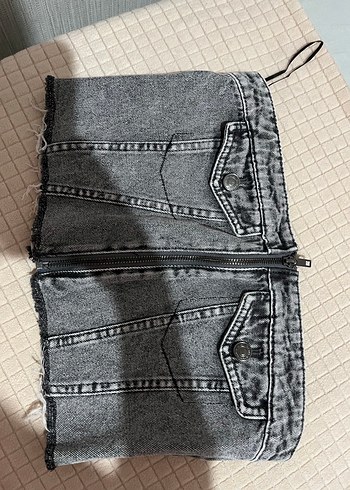 Fermuarlı Gri Denim Mini crop
