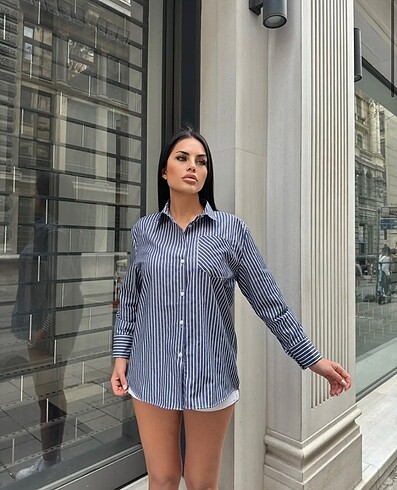 Tek Cep Çizgili Poplin Gömlek