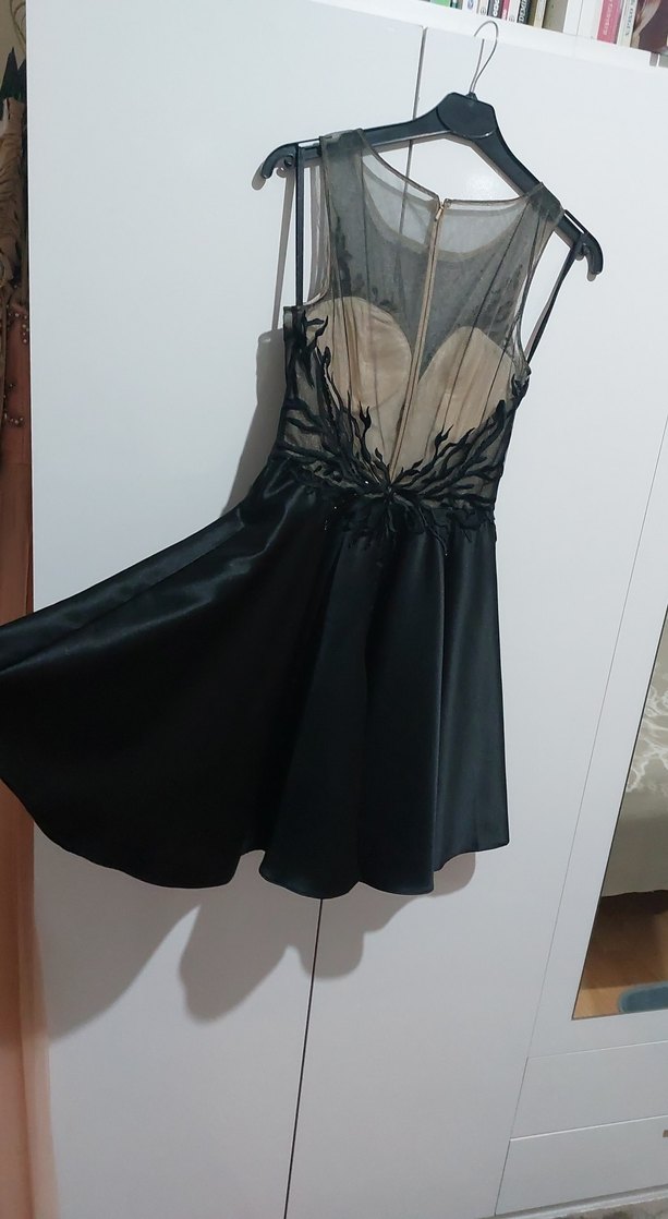 Dantel İşlemeli Siyah Mini bisiklet Yaka Elbise - Görsel 5