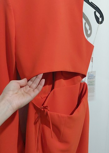 Turuncu Tek Kollu Mini anvelop Elbise - Görsel 6