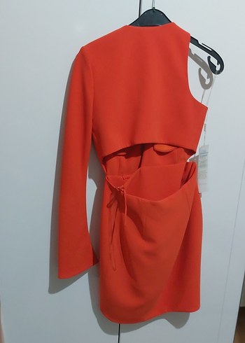 Turuncu Tek Kollu Mini anvelop Elbise - Görsel 7