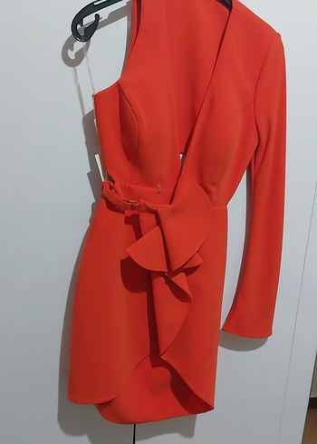 Turuncu Tek Kollu Mini anvelop Elbise - Görsel 5