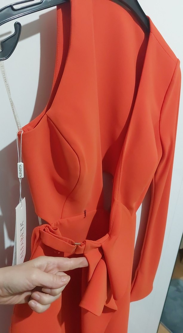 Turuncu Tek Kollu Mini anvelop Elbise - Görsel 2