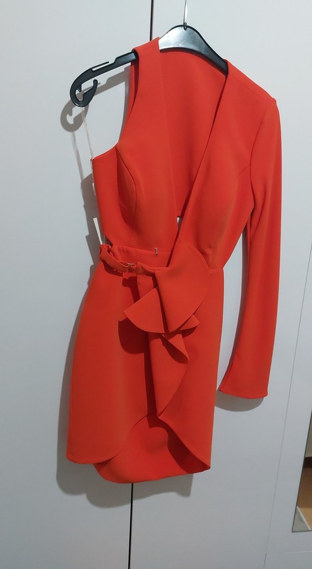 Turuncu Tek Kollu Mini anvelop Elbise - Görsel 5