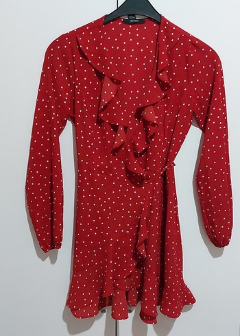 Kırmızı Puantiyeli Uzun Kollu Fırfırlı Elbise - Görsel 2