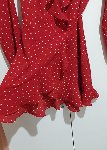 Kırmızı Puantiyeli Uzun Kollu Fırfırlı Elbise - Görsel 3