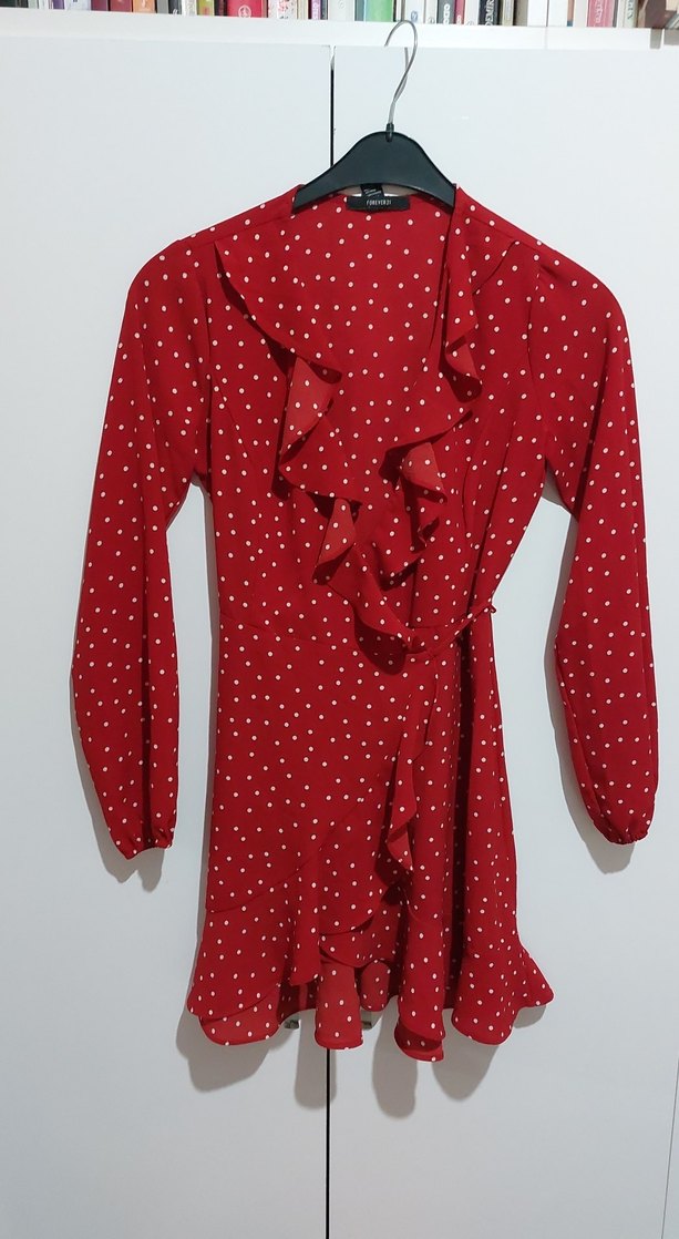 Kırmızı Puantiyeli Uzun Kollu Fırfırlı Elbise - Görsel 2