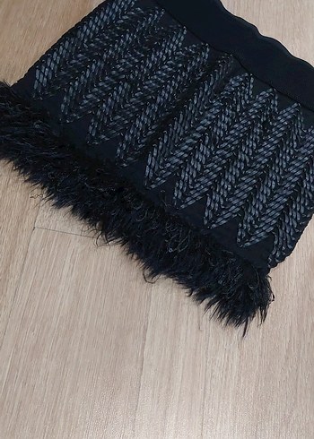 Siyah Kürklü Nakışlı Mini Etek - Görsel 5