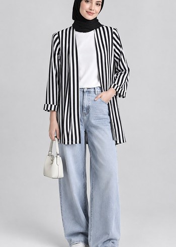 Zara Siyah Beyaz Cizgili Rahat Blazer Ceket