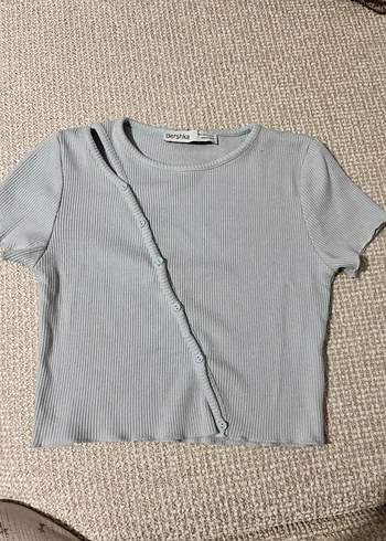 Bershka Acik Mavi Fitilli Kisa Kollu Ust