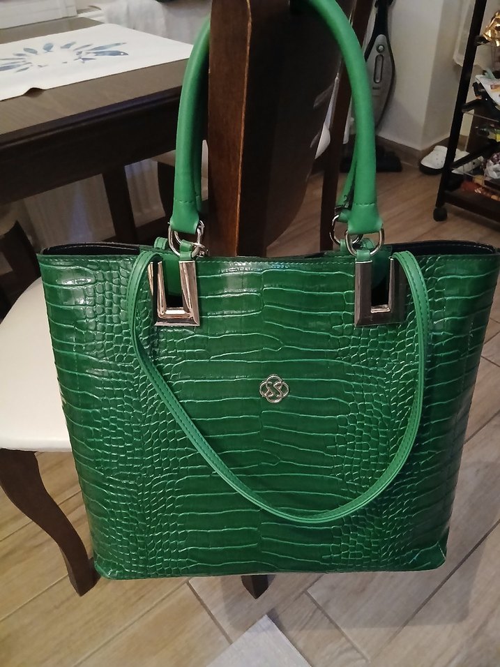 Yeşil Deri Yılan Desenli Kadın Çanta - Görsel 2