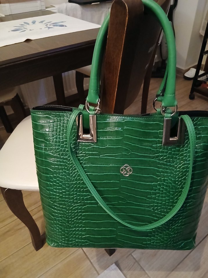 Yeşil Deri Yılan Desenli Kadın Çanta - Görsel 4