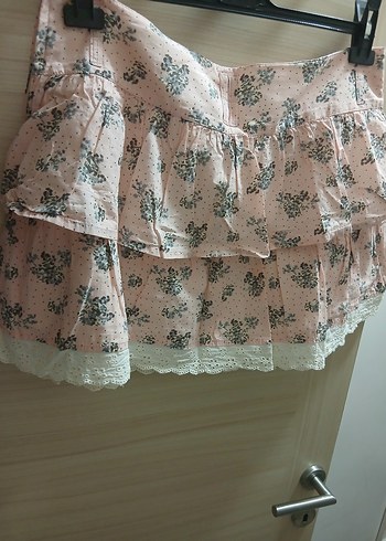 Pembe Çiçekli Pamuk Mini Etek