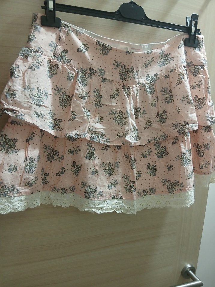 Pembe Çiçekli Pamuk Mini Etek - Görsel 2