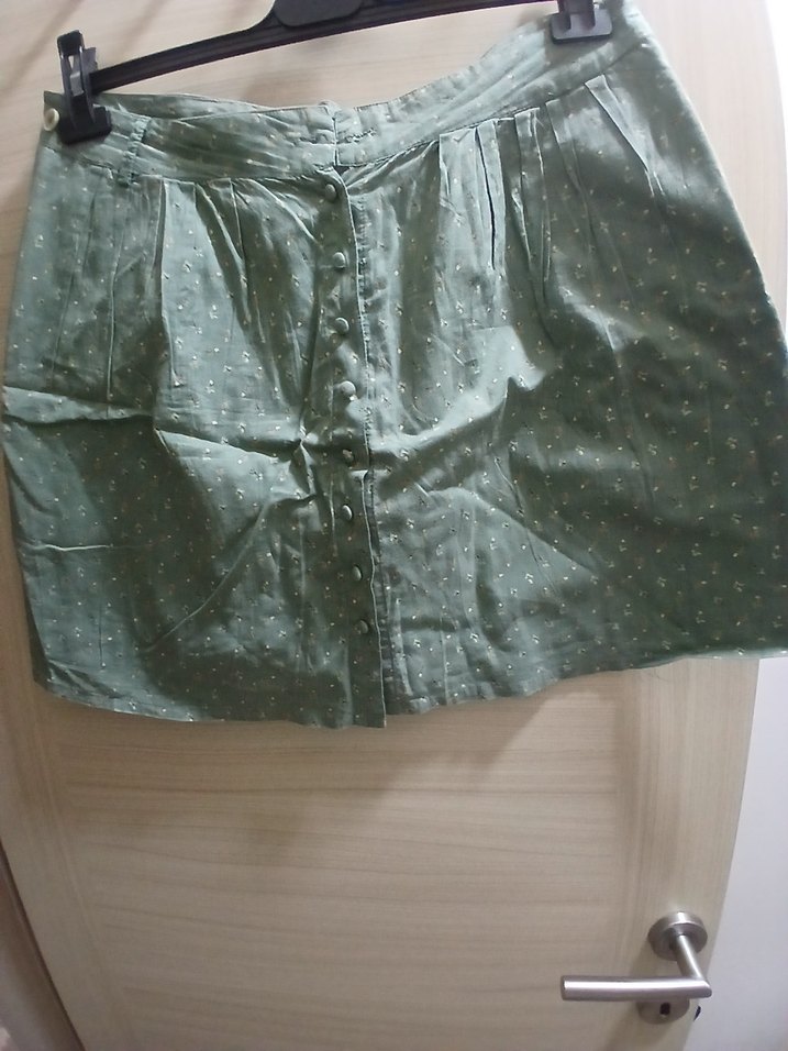 pull and bear Düğmeli Yeşil Pamuk Mini Etek - Görsel 2