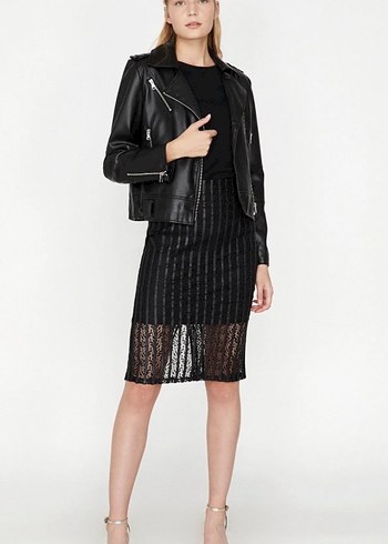 Dantel Detaylı Siyah Midi Kalem Etek - Görsel 2