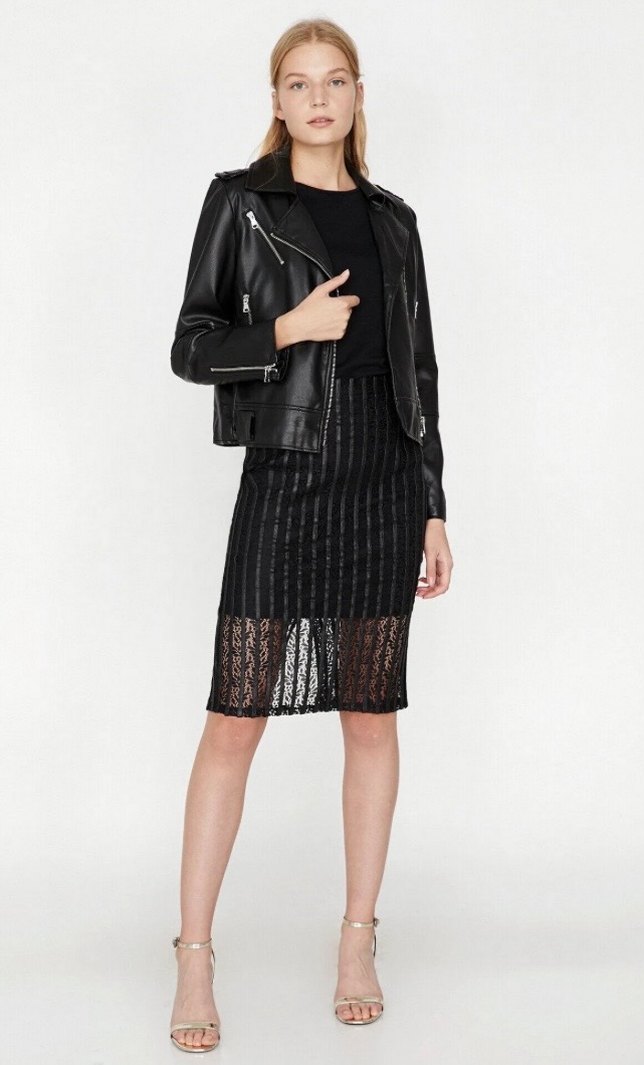 Dantel Detaylı Siyah Midi Kalem Etek - Görsel 2