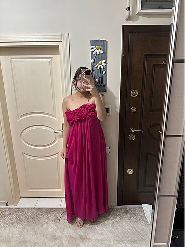 Pembe gül detaylı abiye
