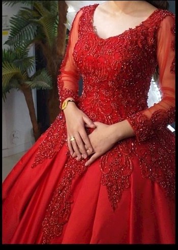 Uzun Kollu Kırmızı Boncuk İşlemeli Klasik Kına Elbisesi - Görsel 6