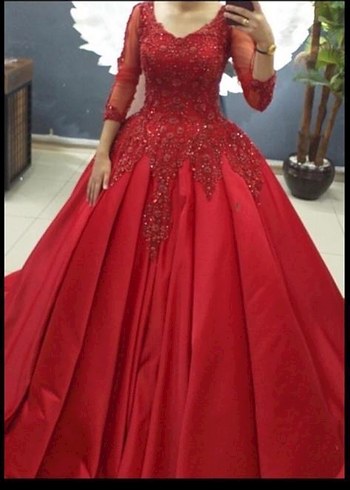 Uzun Kollu Kırmızı Boncuk İşlemeli Klasik Kına Elbisesi - Görsel 5