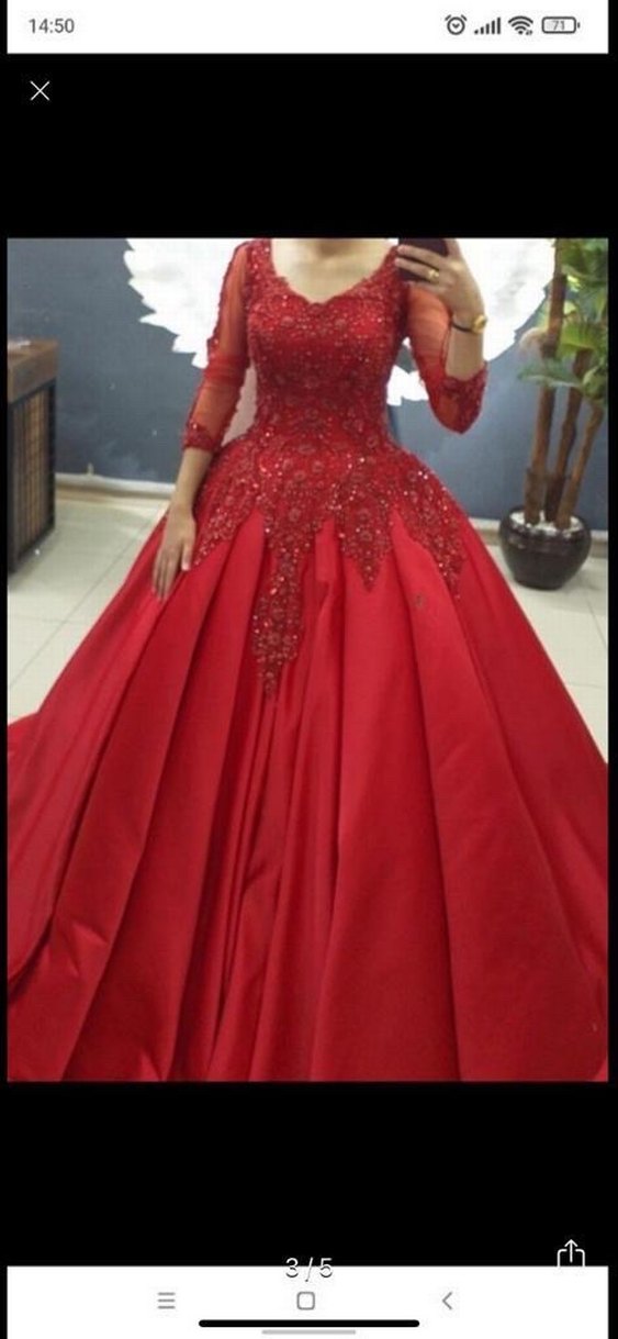 Uzun Kollu Kırmızı Boncuk İşlemeli Klasik Kına Elbisesi - Görsel 5