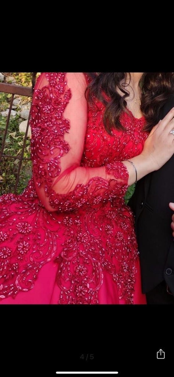 Uzun Kollu Kırmızı Boncuk İşlemeli Klasik Kına Elbisesi - Görsel 3