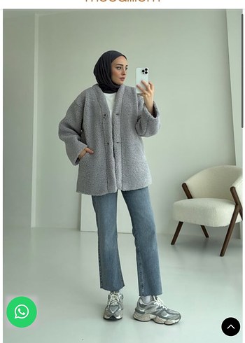 l Beden Gri Düğmeli Midi Kaban, Rahat Kesim