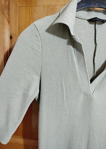 Bej V Yakalı Uzun Kısa Kollu Elbise - Görsel 3