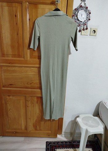 Bej V Yakalı Uzun Kısa Kollu Elbise - Görsel 4