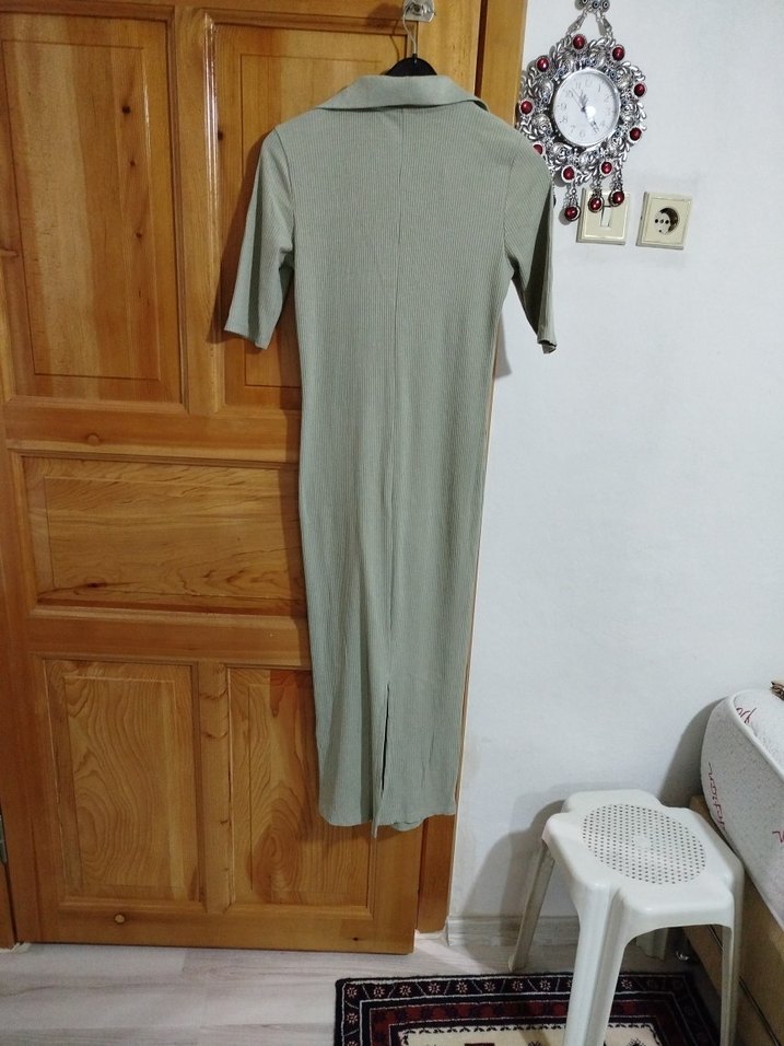 Bej V Yakalı Uzun Kısa Kollu Elbise - Görsel 4