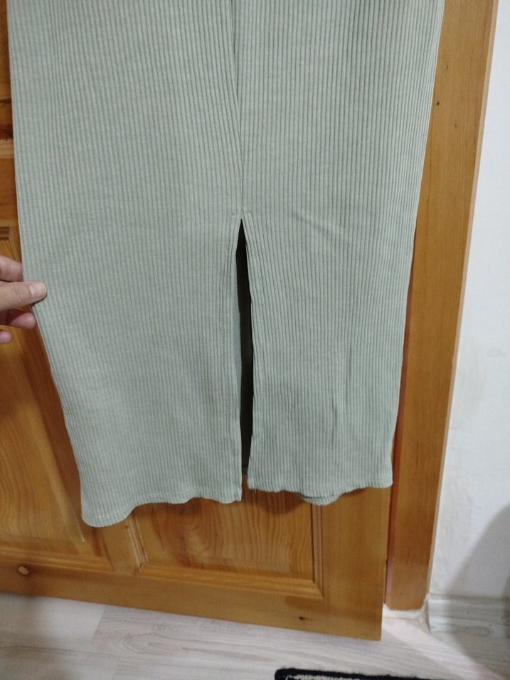 Bej V Yakalı Uzun Kısa Kollu Elbise - Görsel 5