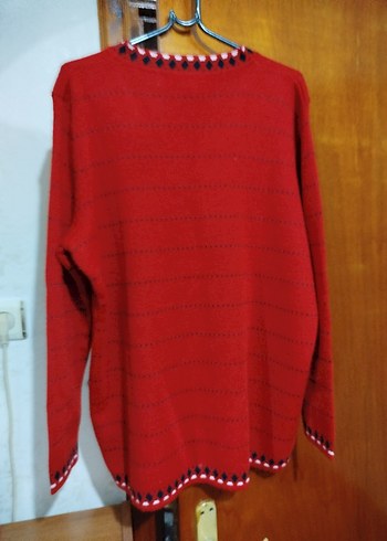 Kırmızı V Yakalı Örgü Kadın Hırka - Görsel 6