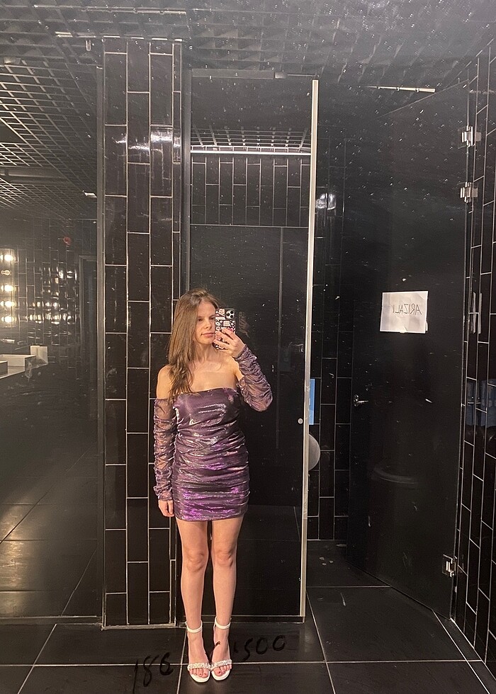 Mor Parlak Mini Elbise - Görsel 5