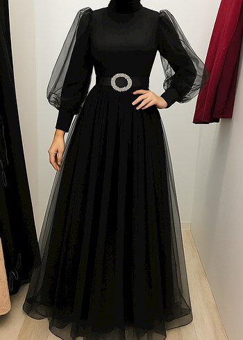 Abiye Siyah Uzun Kollu Kemerli Gotik Abiye Elbise