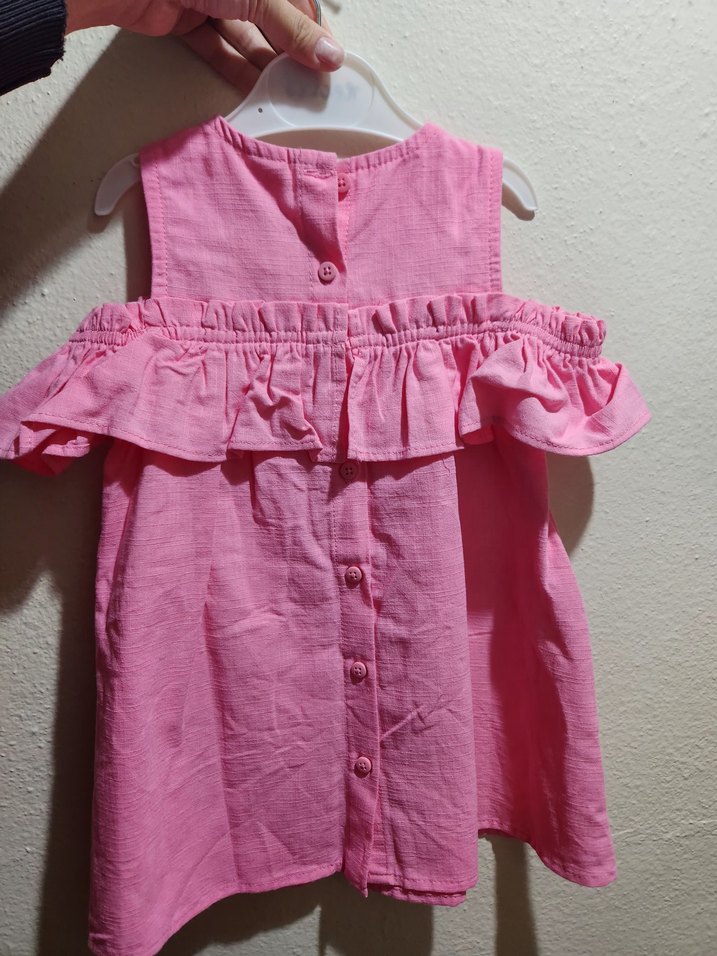 Kız bebek Pembe Keten Fırfırlı Elbise - Görsel 3