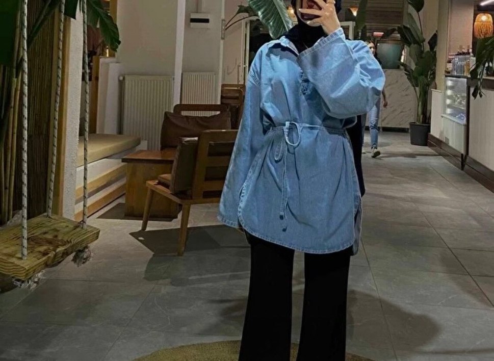 Kadın Kot Tunik, Kemerli, Günlük - Görsel 4