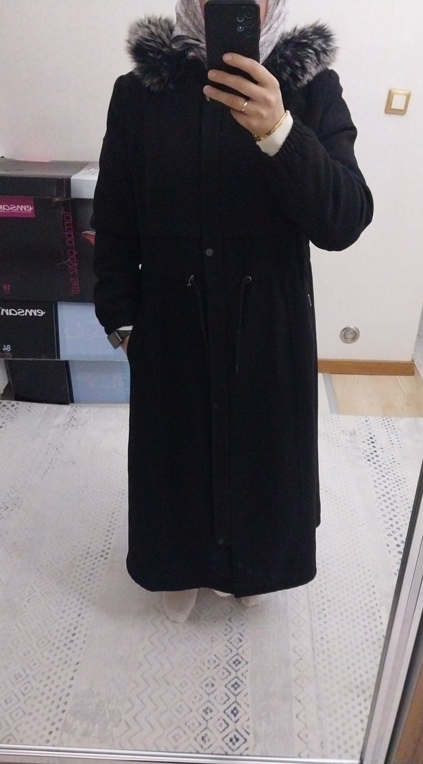 Kürklü Siyah Kadın Kışlık kaşe kaban Mont - Görsel 5