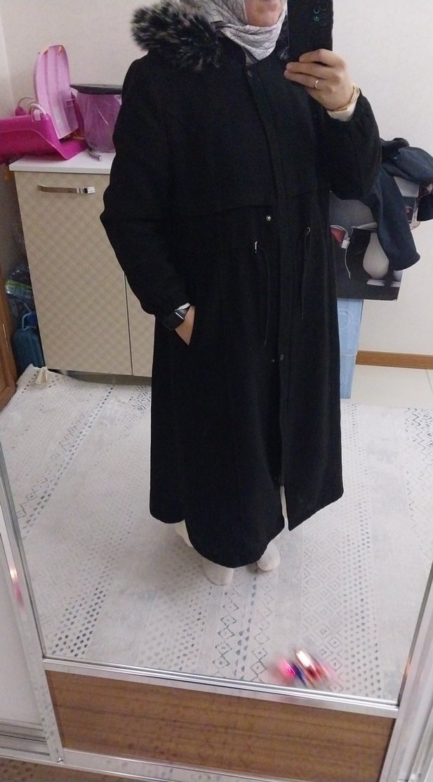 Kürklü Siyah Kadın Kışlık kaşe kaban Mont - Görsel 3