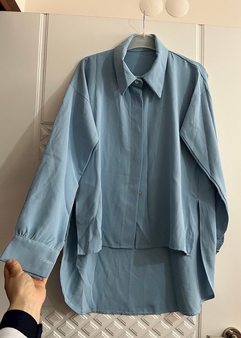 Mavi Düğmeli Uzun Kollu Keten Gömlek - Görsel 2