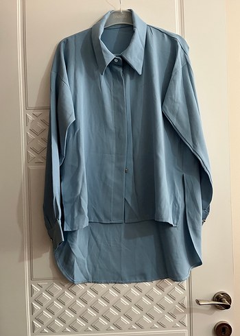 Mavi Düğmeli Uzun Kollu Keten Gömlek - Görsel 3