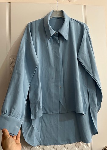 Mavi Düğmeli Uzun Kollu Keten Gömlek - Görsel 4