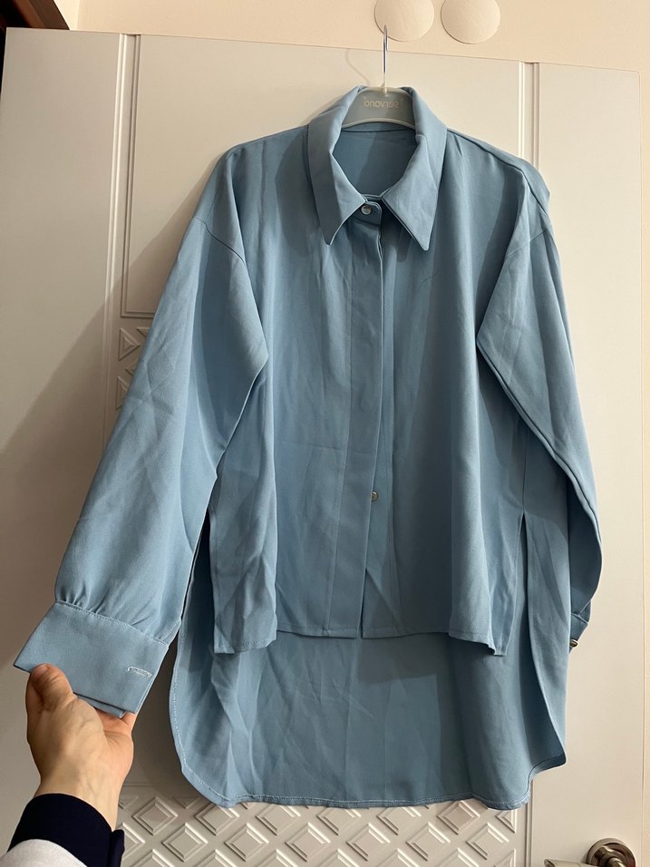 Mavi Düğmeli Uzun Kollu Keten Gömlek - Görsel 2