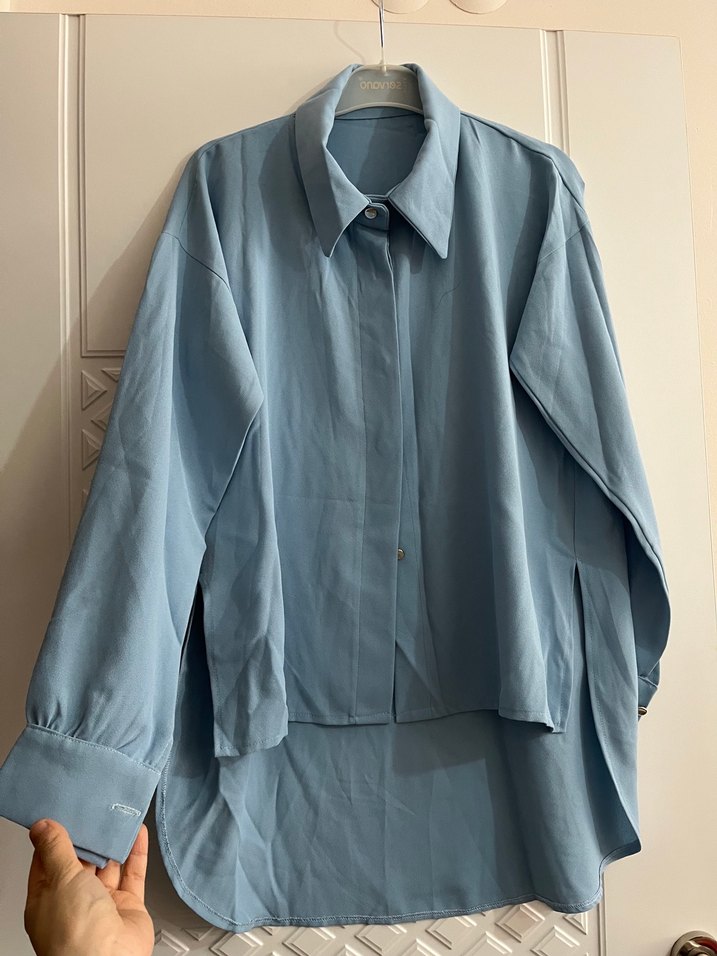 Mavi Düğmeli Uzun Kollu Keten Gömlek - Görsel 4