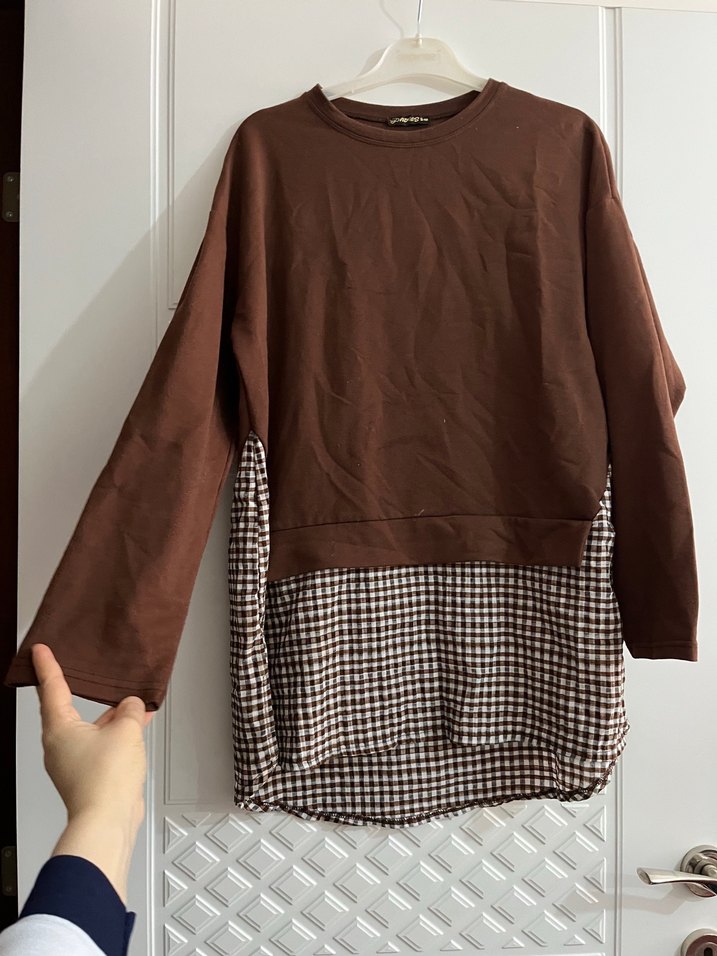 Kahverengi Uzun Kollu Salaş Tunik - Görsel 2