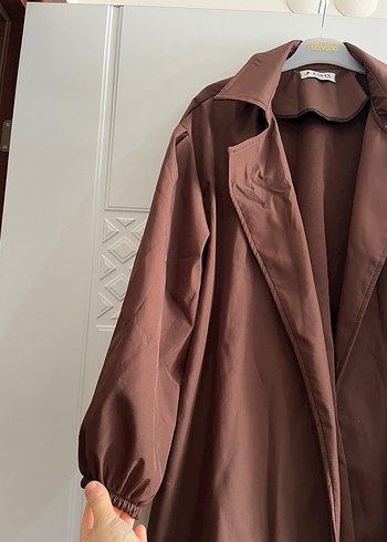 Kadın Kahverengi Uzun Keten Trençkot - Görsel 2