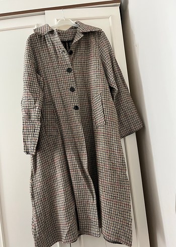 Düğmeli Uzun Ekose Kadın Keten Kaban - Görsel 5