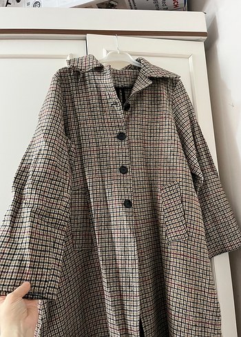 Düğmeli Uzun Ekose Kadın Keten Kaban - Görsel 2